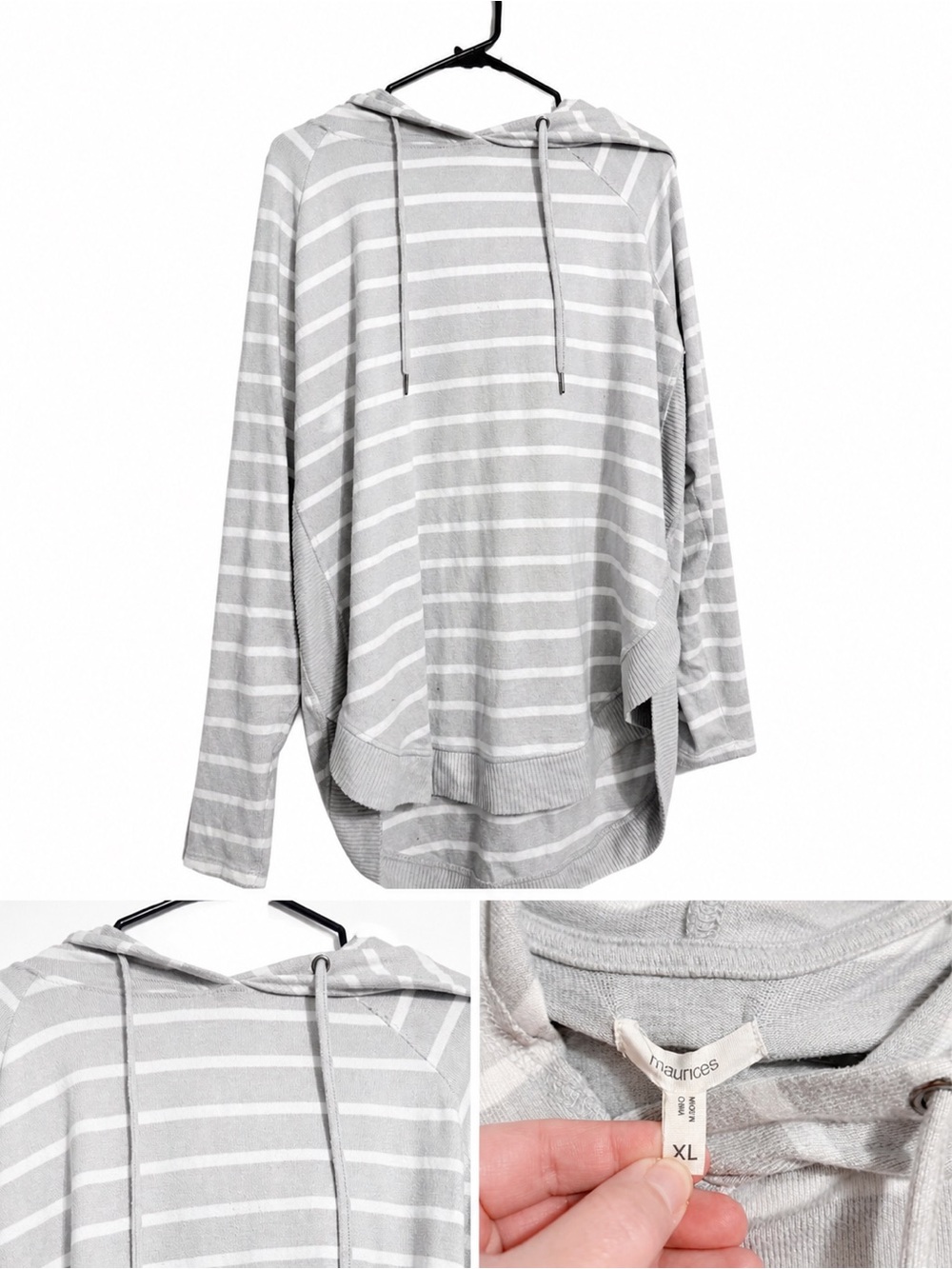 Maurices Light Gray & White Striped Hooded Top